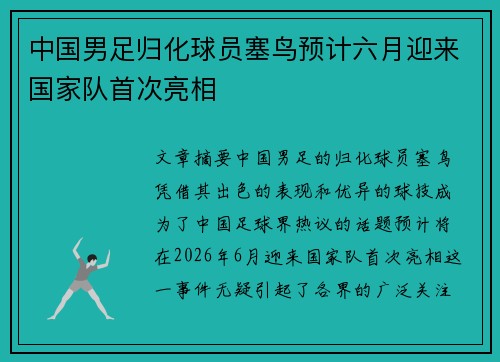 中国男足归化球员塞鸟预计六月迎来国家队首次亮相