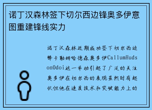 诺丁汉森林签下切尔西边锋奥多伊意图重建锋线实力 诺丁汉森林签下切尔西边锋奥多伊意图重建锋线实力